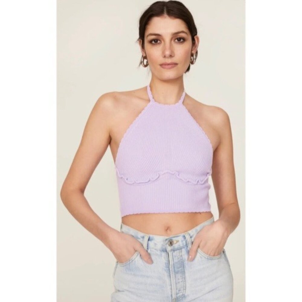 SELF PORTRAIT Lilac Ribbed Knit Scallop Edge Ruffle Trim Sleeveless Halter Top S